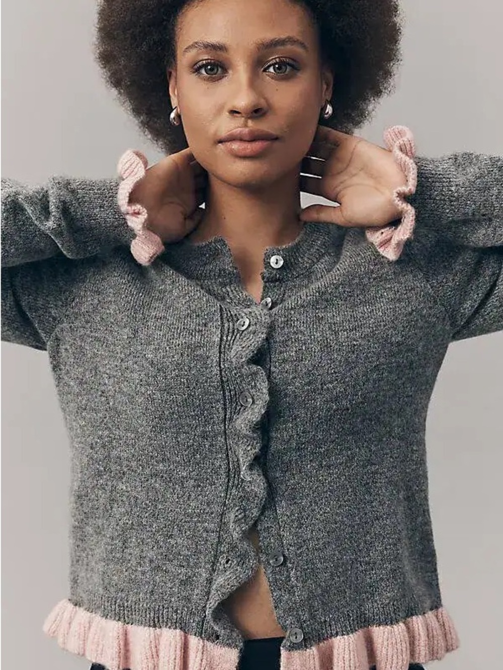 Anthropologie Gray Cardigan with Pink Ruffle Trim